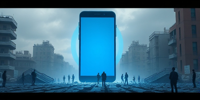 Una ilustración conceptual y surrealista donde un smartphone gigante emerge del suelo como un monolito tecnológico en medio de una ciudad agrietada por un terremoto. El teléfono emite ondas de luz azul neón que forman un escudo protector sobre las personas, mientras que el fondo muestra edificios colapsados en tonos grises y ocres. Estilo arte digital moderno, contraste fuerte entre la frialdad de la tecnología y el caos del desastre natural.