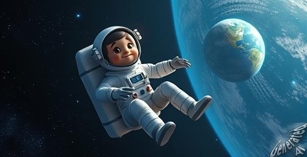 Una joven cosmonauta flotando en el espacio con una Tierra distante al fondo, mientras piensa en su ser querido en la Tierra.