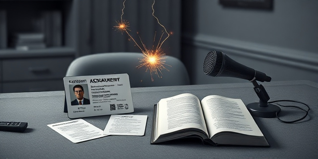Una ilustración conceptual y satírica. Un carnet de identidad y una acreditación parlamentaria sobre una mesa de oficina fría y gris. Al lado, un micrófono antiguo y un diccionario abierto, con un aura de tensión eléctrica y chispas saltando entre los objetos. Estilo editorial de revista, colores contrastados, atmósfera burocrática y absurda.
