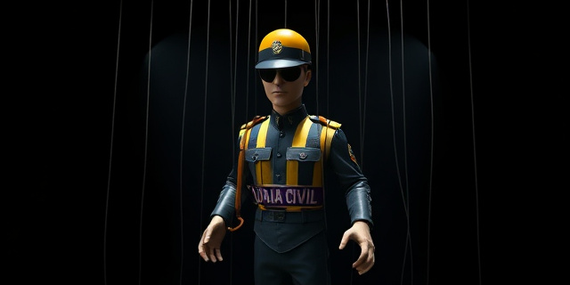 Una imagen conceptual que represente una marioneta con los colores de la Guardia Civil, siendo manipulada por hilos invisibles que provienen de un laberinto burocrático. Fondo oscuro y atmósfera de intriga. Estilo pictórico realista, con toques de expresionismo.