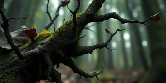 Una composición artística abstracta que evoca la decadencia y el renacimiento. Formas orgánicas, texturas viscosas y colores que van del marrón oscuro al verde musgo. La imagen debe transmitir una sensación de humedad y fragancia repulsiva, pero también una belleza inquietante. Fondo difuminado con toques de luz que sugieren un bosque sombrío. Estilo: surrealismo orgánico.