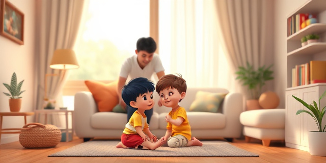 Un salón acogedor con dos niños jugando, un adulto observando, luz cálida y colores suaves, sin rostros identificables, enfoque en la dinámica familiar y la interacción entre hermanos. Estilo ilustrativo realista.