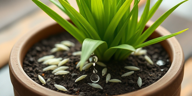 Una imagen de una maceta con una planta verde y saludable, con granos de arroz esparcidos en la superficie de la tierra, y una gota de agua cayendo sobre ellos