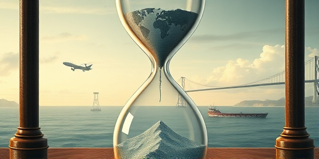 Una ilustración conceptual y satírica que muestra un gran reloj de arena donde la parte superior es un mapa digital de redes sociales con iconos de alertas y la parte inferior es una frontera costera con barreras flotantes, estilo editorial de periódico, colores contrastados, atmósfera de tensión.