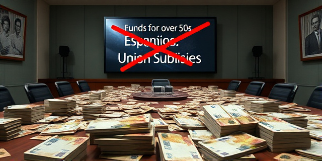 
  Una mesa de negociación en un ministerio español, con un montón de billetes de 500 euros esparcidos como confeti, mientras en una pantalla gigante se ven fotos de personas mayores buscando trabajo. Al fondo, un cartel que dice 