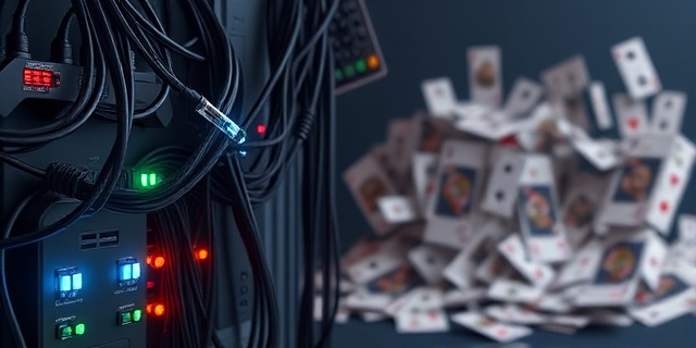 Una imagen de un sistema eléctrico con luces parpadeantes, con un fondo de un castillo de naipes que se derrumba