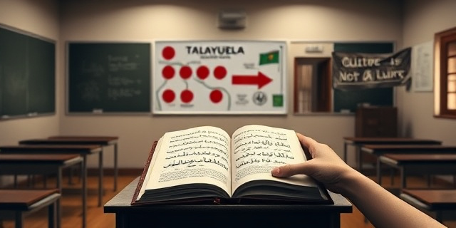 
  Imagen conceptual: Un aula vacía en un colegio rural de Extremadura, con pizarra borrada y bancos alineados bajo una luz tenue. Sobre la mesa del profesor, un libro de árabe abierto por un capítulo sin traducir. Al fondo, un mapa de Talayuela con círculos rojos en los barrios marroquíes y una flecha que apunta a un edificio del Ayuntamiento con la bandera de PP-Vox ondeando a media asta. En primer plano, manos anónimas (una de piel clara, otra morena) sosteniendo un cartel desgastado que dice ‘Cultura no es lujo’. Estilo: fotografía documental en blanco y negro con toques de color sepia en los detalles simbólicos (el libro, la bandera).