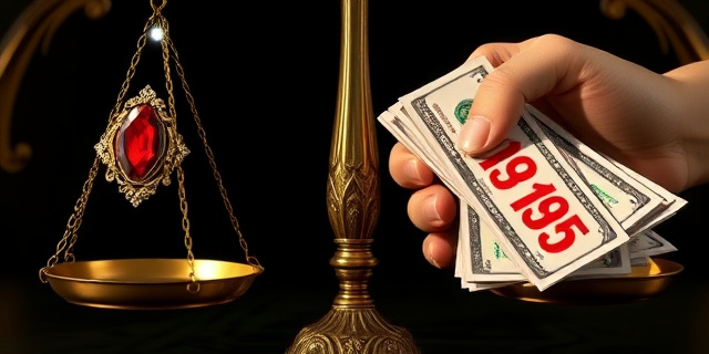 Una balanza antigua de la justicia, con una mano sosteniendo una joya brillante y la otra una pila de facturas con números rojos. Fondo oscuro y dramático, estilo barroco, con sombras marcadas. El enfoque debe estar en el contraste entre el lujo y la deuda.