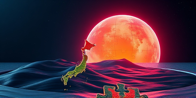 Una ilustración conceptual y surrealista de la isla de Japón representada como una pieza de un rompecabezas gigante que se desliza ligeramente sobre una superficie de roca tectónica. En el fondo, ondas vibrantes de color neón viajan desde la superficie hasta el núcleo brillante de la Tierra y regresan. Estilo artístico digital, limpio, con colores contrastados entre el azul profundo del océano y el naranja incandescente del núcleo terrestre.