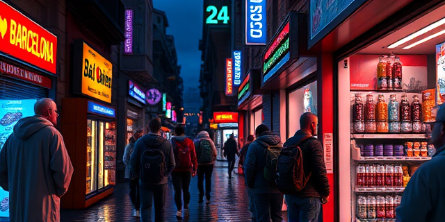 
   Una ciudad de noche bajo lluvia suave. Calles emblemáticas como Rambla Cataluña iluminadas por neones rosados y azules, con escaparates repletos de latas de cerveza, botellas de agua y maletas de plástico barato apiladas como en un mercado negro. En primer plano, un vecino mayor mira con cara de pocos amigos desde su balcón, mientras en la acera de enfrente, un grupo de turistas borrachos discute sobre qué comprar a las 4 a.m. Al fondo, un cartel del Ayuntamiento con letras rojas: 