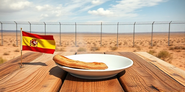 Una ilustración conceptual y satírica. Un plato de comida vacío sobre una mesa de madera rústica, donde una bandera de España se desvanece como humo. Al fondo, una valla fronteriza metálica y fría que divide un paisaje árido. Estilo editorial de revista, colores contrastados, atmósfera de tensión y nostalgia.