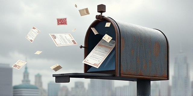 Una ilustración conceptual de un buzón de correos antiguo y oxidado que se transforma en una pantalla de ordenador moderna. De la ranura del buzón salen volando papeles con sellos oficiales y firmas, flotando sobre un fondo de ciudad gris y nublada, estilo arte digital satírico.
