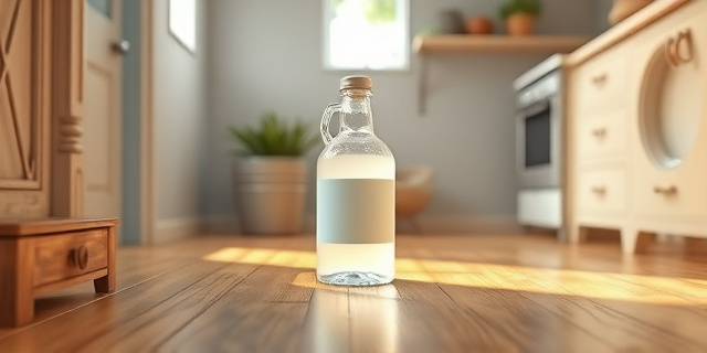 Ilustración conceptual de una botella de vinagre blanco en un ambiente doméstico, con un brillo sutil emanando de un suelo recién fregado. Estilo pictórico, colores pastel y texturas suaves. Evitar rostros humanos y objetos modernos.