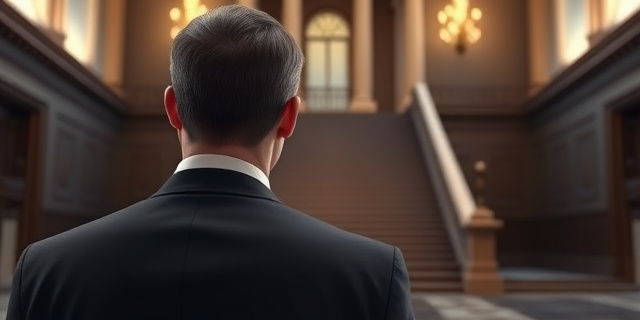 Un hombre con traje y corbata, de espaldas, mirando un edificio de justicia con una gran escalinata