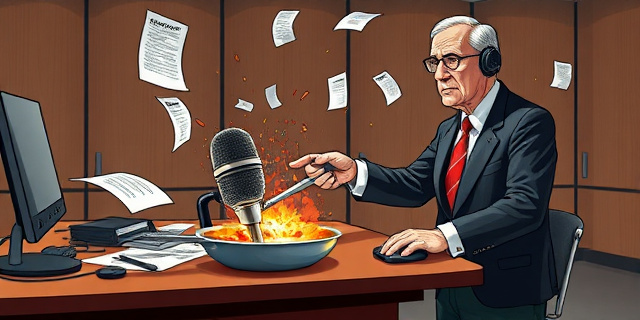 Una ilustración conceptual estilo editorial satírico. Un escritorio de periodista donde un micrófono de prensa está siendo 