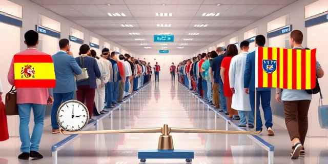 Ilustración de una larga fila de pacientes en una sala de espera, con relojes tachados y una balanza desigual. Una bandera española y otra catalana paradas a cada extremo, representando el contraste de tiempos de espera. La escena debe transmitir tensión y burocracia sin mostrar rostros reales.