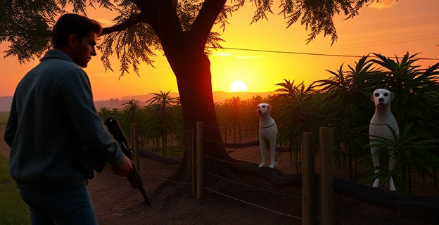 Una escena tensa en una finca al atardecer, con un hombre armado enfrentándose a otro escondido tras un árbol, mientras al fondo se ven plantas de marihuana y perros ladrando.