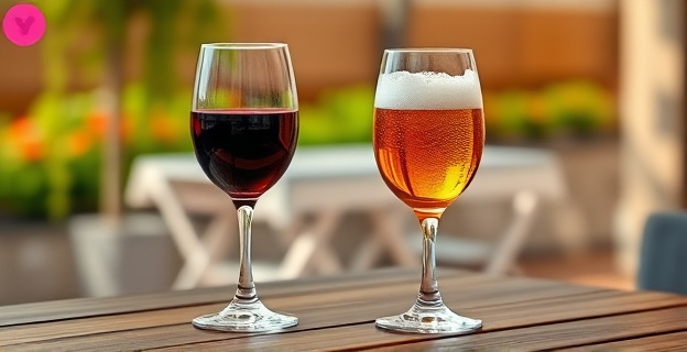 Un vaso de vino tinto y una caña de cerveza sin alcohol sobre una mesa de madera, con un fondo desenfocado de una terraza veraniega
