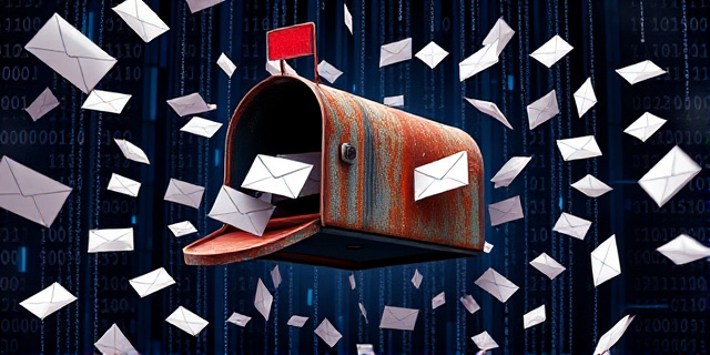 Una ilustración conceptual de un buzón de correo antiguo y oxidado flotando en un espacio digital ciberpunk, donde miles de sobres de papel salen volando transformándose en códigos binarios, estilo editorial satírico, colores contrastados.