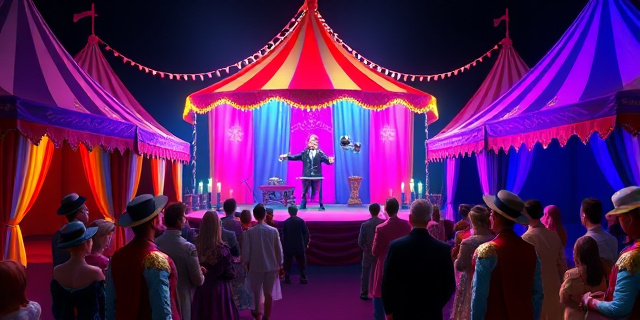 Un circo ambulante iluminado con luces de neón, rodeado de carpas de colores vibrantes. Personas con disfraces extravagantes observan un acto de malabaristas que giran objetos metálicos entre sus manos. En el fondo, un escenario con velas y sombras que sugieren un ambiente de misterio y espectáculo nocturno.