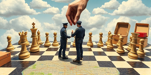 Una ilustración conceptual y satírica que muestra un tablero de ajedrez gigante sobre un mapa de Almería. En lugar de piezas, hay uniformes policiales de dos colores distintos siendo movidos por una mano invisible desde las nubes. Al fondo, maletas abiertas y cajas de mudanza que simbolizan el desplazamiento humano, estilo editorial de revista periodística, colores contrastados y atmósfera irónica.