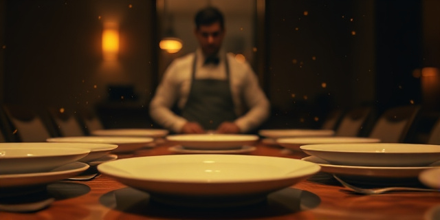 
  Una mesa de restaurante en primer plano con platos ligeramente desplazados hacia el centro, iluminada por una luz cálida y tenue. Al fondo, un camarero borroso con delantal, observando la escena con una mezcla de escepticismo y resignación. En el aire, partículas de polvo dorado que simbolizan análisis psicológicos flotando como confeti. Estilo: fotografía analógica en blanco y negro con tonos sepia, pero con un toque de surrealismo sutil (como si los platos tuvieran ojos). Composición: simétrica pero con un ligero desequilibrio, como el gesto mismo que analiza. Texturas: madera envejecida de la mesa, porcelana fría de los platos, y el brillo casi metálico de los cubiertos. Sin rostros reconocibles, solo siluetas y sombras que sugieran actividad humana. Ambiente: íntimo, pero con la tensión de un interrogatorio silencioso.