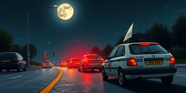 Una ilustración satírica donde un radar de tráfico moderno y frío multa a un coche patrulla de la Guardia Civil que persigue a un ladrón. El radar tiene una cara burocrática y rígida, mientras el fondo es una carretera nocturna de Granada bajo la luz de la luna. Estilo editorial de periódico, colores contrastados, atmósfera irónica.