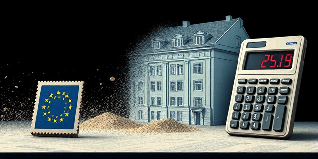 Una ilustración conceptual y satírica. Un plano arquitectónico de un edificio de viviendas sociales que se deshace como si fuera arena o humo. Al lado, un sello oficial de la Unión Europea y una calculadora antigua con números rojos. Estilo editorial de periódico, colores sobrios con contrastes fuertes, atmósfera de burocracia fría.