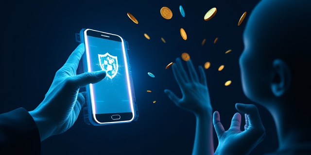Una ilustración conceptual y satírica que muestra un teléfono móvil transformándose en un escudo digital brillante, mientras que al fondo se ven manos invisibles intentando atrapar monedas que flotan. Estilo artístico moderno, colores contrastados entre azul tecnológico y sombras oscuras, sin rostros humanos definidos.