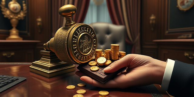 Una ilustración conceptual y satírica. Un escritorio de oficina gubernamental lujoso donde un sello oficial de Hacienda aplasta un bombón de chocolate extranjero, mientras que debajo del escritorio, una mano oculta recoge monedas de oro que brotan de una tableta de chocolate artesanal. Estilo editorial de revista, colores contrastados, atmósfera de secretismo y opulencia.