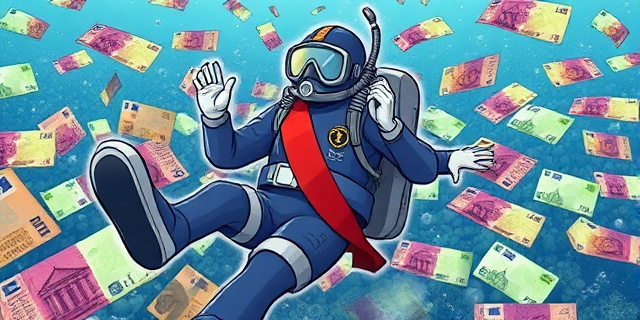 Una ilustración satírica de un traje de buceo presidencial con una banda presidencial envuelta alrededor del tanque de oxígeno, flotando sobre un fajo de billetes de euro que forman el fondo marino, estilo caricatura editorial de periódico, colores vibrantes y trazos afilados.