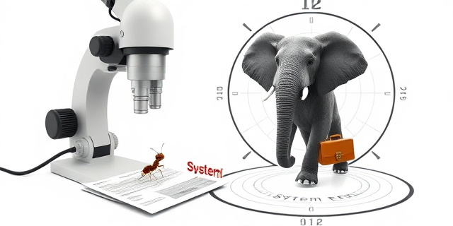 Una ilustración conceptual y satírica. Un enorme microscopio moderno analizando una hormiga pequeña y asustada sobre un papel de impuestos, mientras al lado, un elefante con traje de lujo y maletín camina invisible y despreocupado a través de un radar que marca 