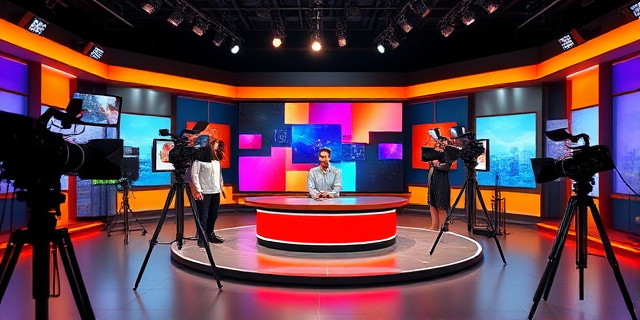 Un estudio de televisión con un presentador y su equipo, rodeados de cámaras y luces, con un fondo de pantalla de colores brillantes