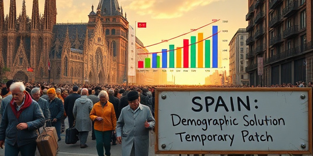 
  Una imagen surrealista y crítica de un paisaje urbano español moderno, donde los edificios icónicos como la Sagrada Familia o el Palacio Real están rodeados por una multitud diversa pero envejecida: ancianos con maletas y documentos de residencia, algunos con pañuelos o banderas de países latinoamericanos y africanos. Al fondo, un gráfico gigante flotando en el aire muestra barras de colores que representan el crecimiento demográfico por edades (con líneas rojas destacando el aumento de mayores de 54 años). La luz es cálida pero con tonos melancólicos, como un atardecer en una ciudad que envejece. En primer plano, un cartel publicitario roto dice: 