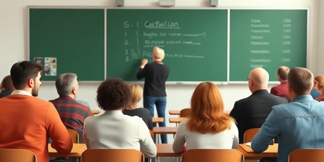 Un grupo de personas de diferentes edades y orígenes culturales sentadas en una clase de catalán, con un profesor escribiendo en la pizarra