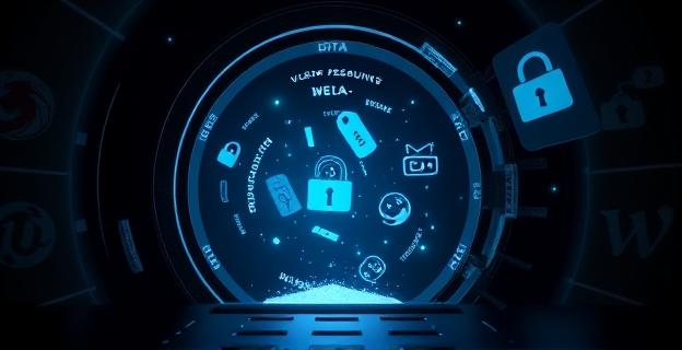 Una ilustración digital de una bóveda de seguridad abierta con datos y contraseñas flotando en el aire como partículas de luz, siendo atraídas por un agujero negro digital estilizado. En el fondo, varios iconos de navegadores web (sin logos reconocibles) se muestran semi-transparentes, sugiriendo vulnerabilidad. Predominan colores oscuros con toques de azul y verde neón para la información, transmitiendo urgencia y riesgo. Sin personas. Estilo futurista y abstracto.