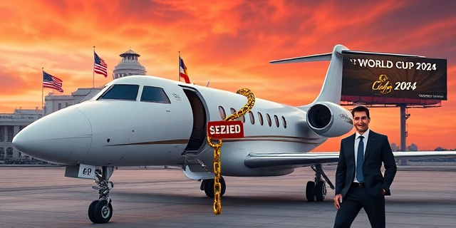 
  Una imagen surrealista de un avión Falcon 900B con cadenas doradas y un cartel de 