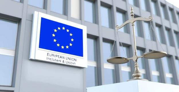 Imagen de un edificio institucional europeo con un letrero que muestra el logotipo de la Unión Europea junto a una representación gráfica de una balanza simbolizando la transparencia y la imparcialidad en la gestión de fondos.