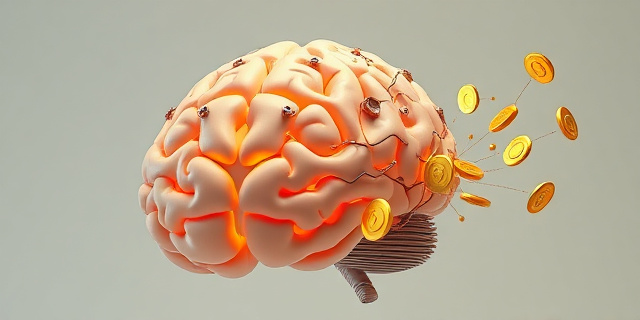 Una ilustración conceptual y surrealista de un cerebro humano donde algunas secciones parecen circuitos eléctricos antiguos siendo reemplazados por cables modernos y brillantes, con algunas piezas transformándose en monedas de oro que se desvanecen, estilo arte digital limpio, fondo neutro, atmósfera de transformación médica y biológica.