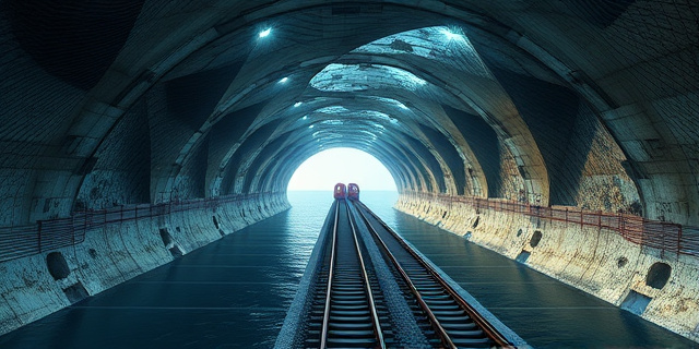 Un túnel subterráneo que atraviesa el Estrecho de Gibraltar, conectando España y Marruecos, con trenes de alta velocidad y una compleja geología