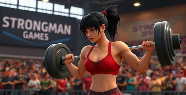 Imagen de una atleta femenina en una competición de fuerza, con un escenario de fondo con multitud animada y pancartas con el logo de Strongman Games