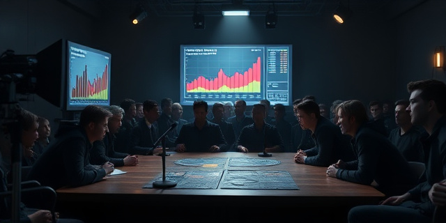 Un set de estudio de televisión en la penumbra, con un micrófono de gran calibre, una mesa de madera gastada, una pantalla grande que muestra gráficos de barras y líneas, y una multitud de personas con gestos exagerados y expresiones de sorpresa, sin rostros identificables, con una iluminación tenue que crea sombras y contrastes dramáticos.