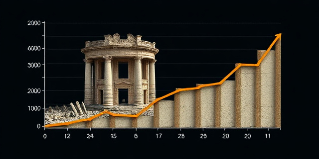 Una gráfica que muestra la caída de la construcción en España, con un edificio en ruinas y un grafo que baja