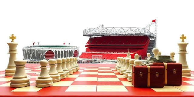Una ilustración conceptual y satírica que muestra un tablero de ajedrez donde las piezas son estadios de fútbol estilizados. De un lado, un estadio moderno europeo y del otro, un estadio colosal de arquitectura magrebí rodeado de fajos de billetes y maletines diplomáticos. Estilo editorial de revista, colores vibrantes, atmósfera de intriga política.