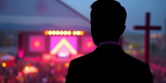 Una silueta estilizada de una figura humana con un traje y corbata, de espaldas, observando un festival de música lleno de luces y color en la distancia. El fondo muestra un paisaje urbano difuminado y una cruz en la lejanía. Estilo pictórico, colores vibrantes y contrastados, con un toque de surrealismo.