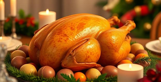 Imagen de un pavo asado dorado con patatas y verduras alrededor, decorado con hierbas frescas, sobre una mesa navideña iluminada con velas.
