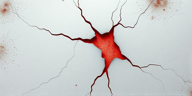 Una imagen abstracta que represente una grieta en una superficie lisa, con un color rojizo intenso emanando de la grieta, simbolizando una enfermedad antigua que resurge. El estilo debe ser pictórico, con texturas que recuerden a la carne y al metal oxidado.
