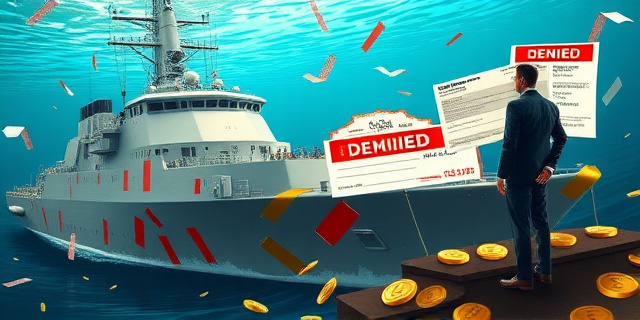 Una ilustración satírica de estilo editorial. Un gran barco oceánico de color gris militar siendo remendado con cintas adhesivas brillantes y costosas. En el puente de mando, un burócrata con traje elegante ignora una montaña de papeles rojos de 