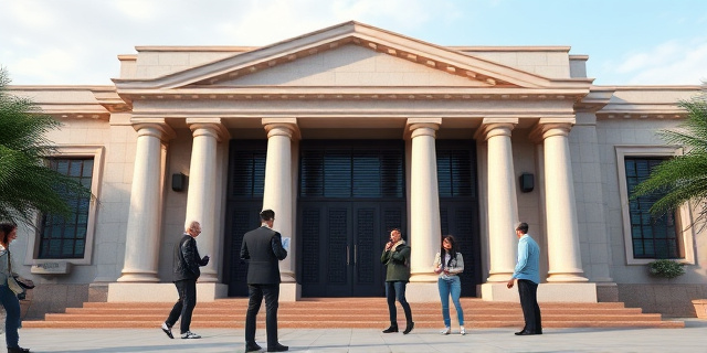 Una imagen de un edificio gubernamental con una gran puerta cerrada, mientras personas esperan afuera con documentos en la mano