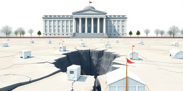 Una ilustración conceptual y satírica. Un mapa simplificado de Ceuta donde se ven pequeñas carpas blancas colocadas como si fueran tiritas o parches sobre una grieta enorme en el suelo. Al fondo, un edificio gubernamental frío y gris contrastando con la precariedad de las carpas. Estilo editorial de periódico, colores sobrios con un toque de ironía visual, sin personas reales.